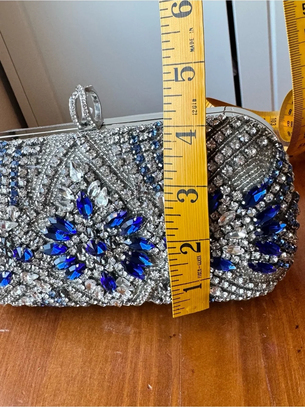 Nina - Silver Crystal Evening Clutch with Blue Gem Accents
